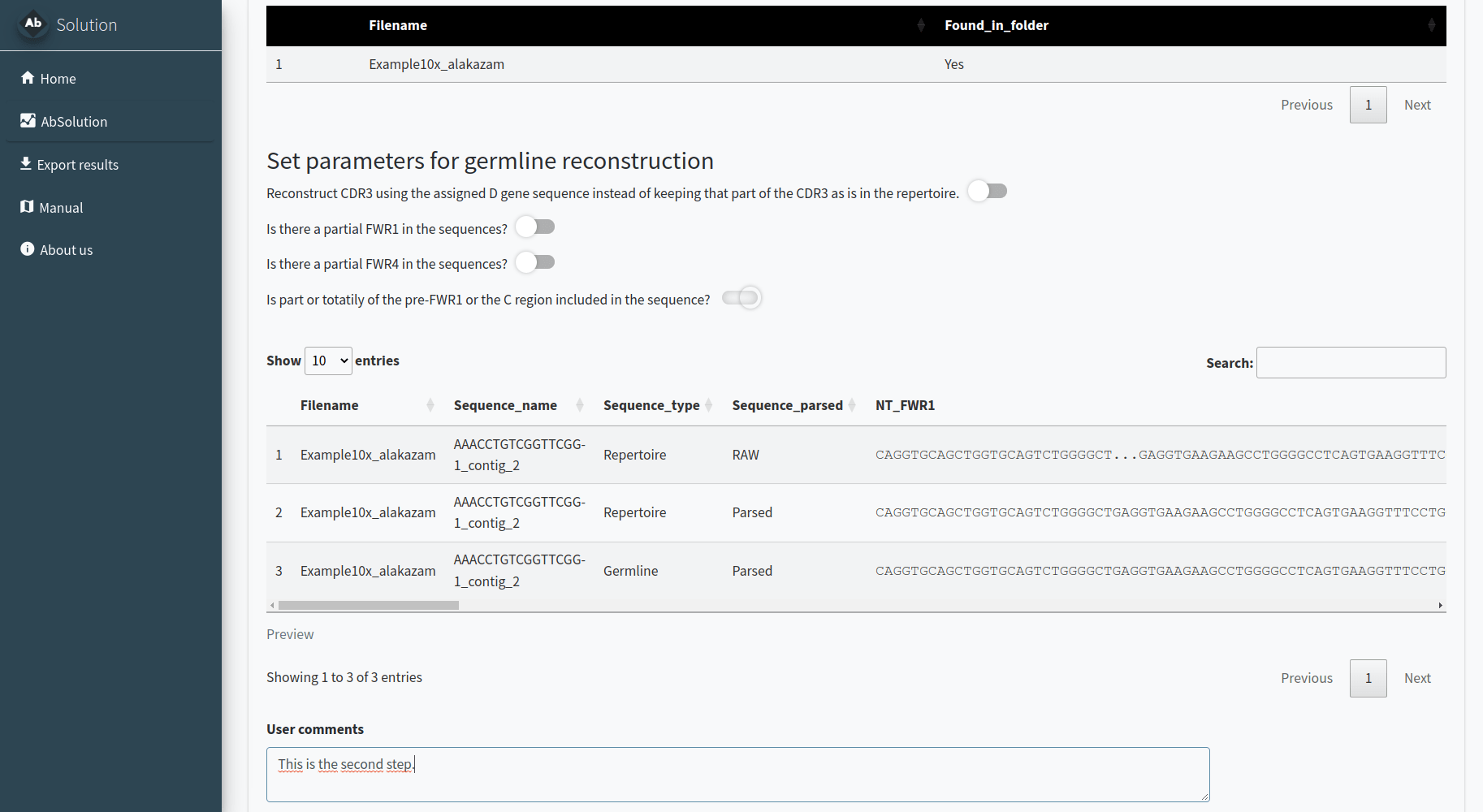 Tab 1.AIRR-Seq conversion. Parsing sequences and reconstructing germlines.