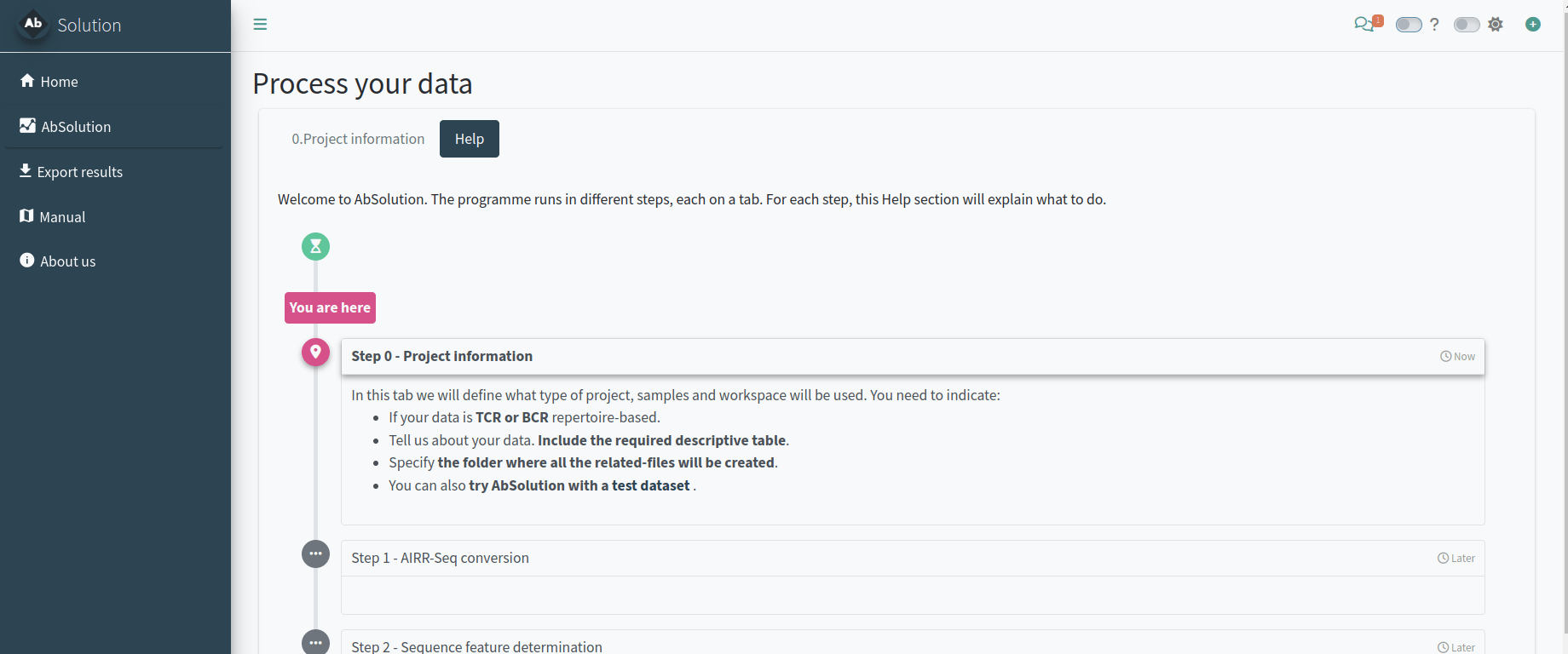 The Help subtab adjusts its content based on the current step the user is in.