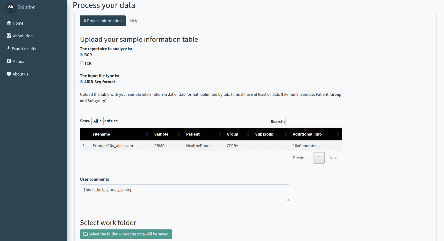 Tab 0.Project_information. Setting up the project analysis.