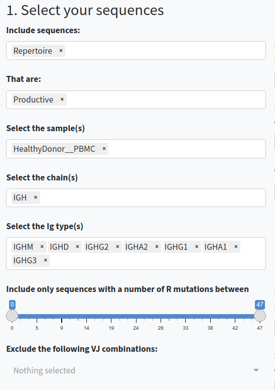 Options to select and filter sequences.