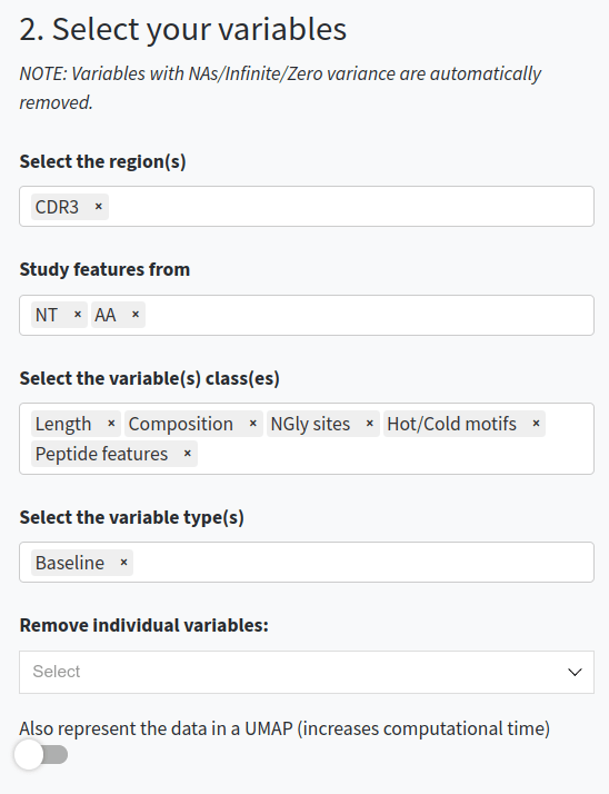 Options to select and filter variables.