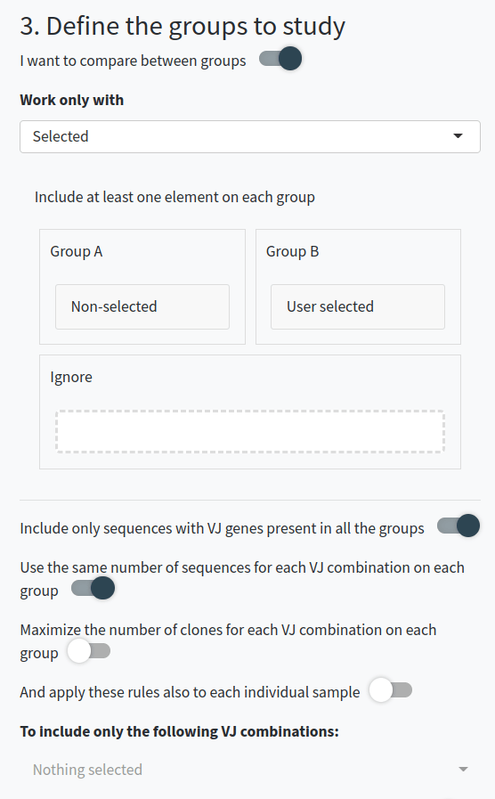 Options to compare between groups.