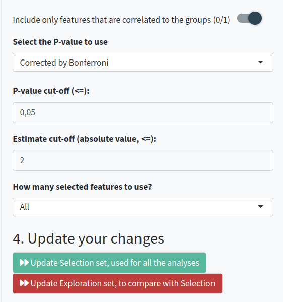 additional options to compare between groups and action buttons to perform calculations on the Selection or Exploration set.