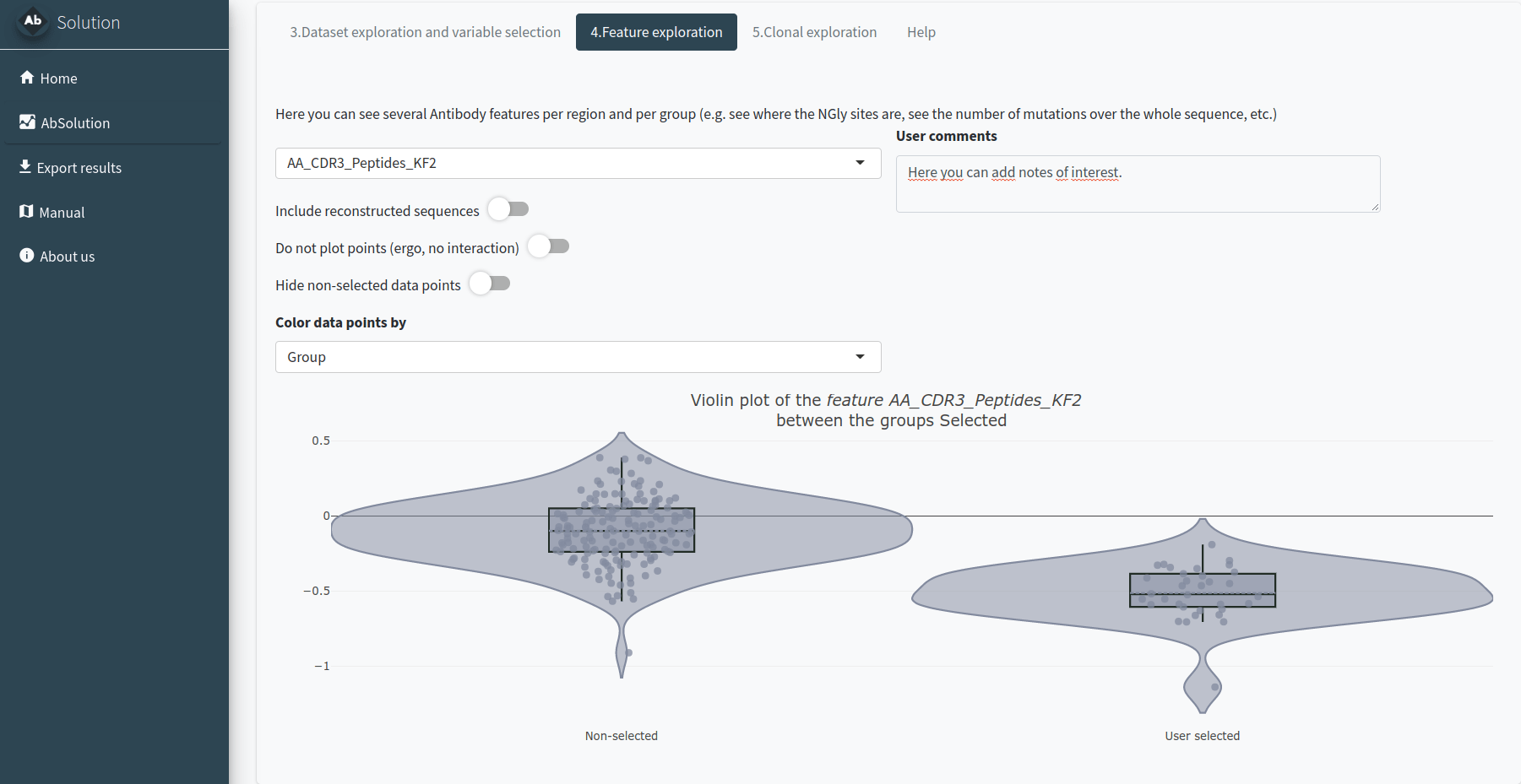 Tab 4.Feature exploration. Options and violin plots displaying the Kidera Factor 2 CDR3 values for two BCR groups. The variable was selected after differential analysis between a manually selected group against the rest of the sequences.